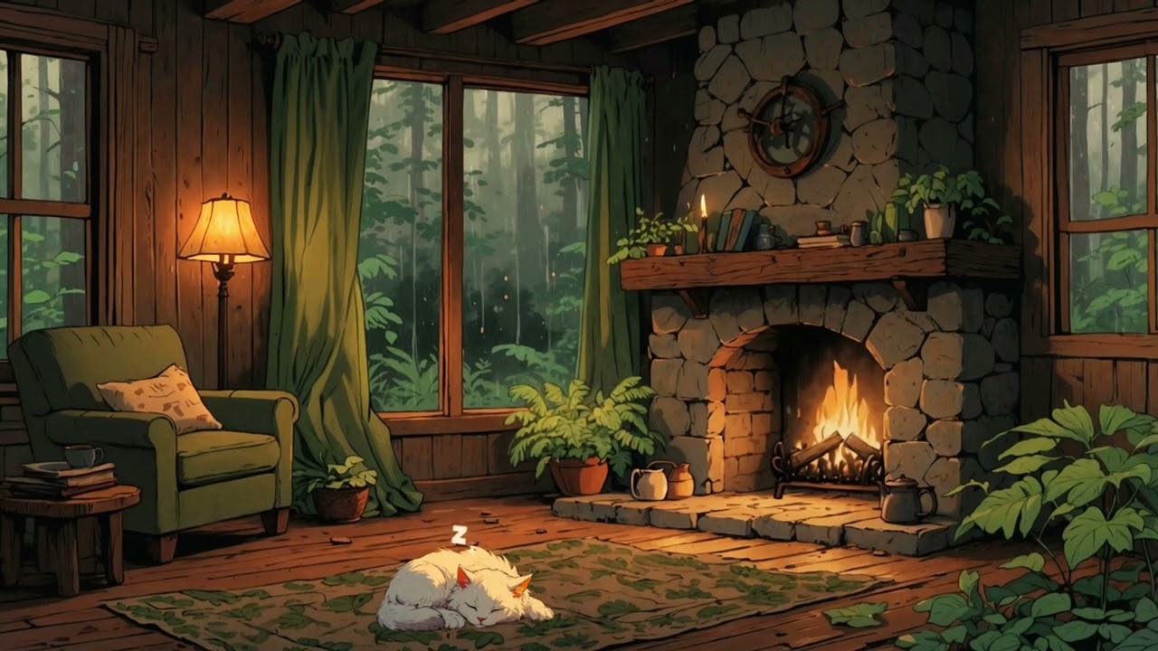 Fireplace Rain Ambience & Lo-fi | Cozy Cabin with Sleeping Cat 🐾🌧️