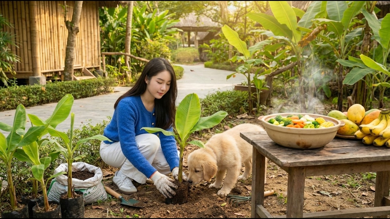 A day spent planting banana saplings, harvesting crops on my farm, and cooking.