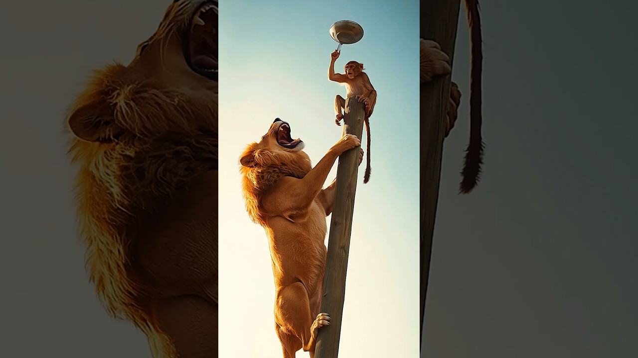 Lion Attacks Monkey But Gets Shocked By a Frying Pan! #lion #monkey #animals #shorts