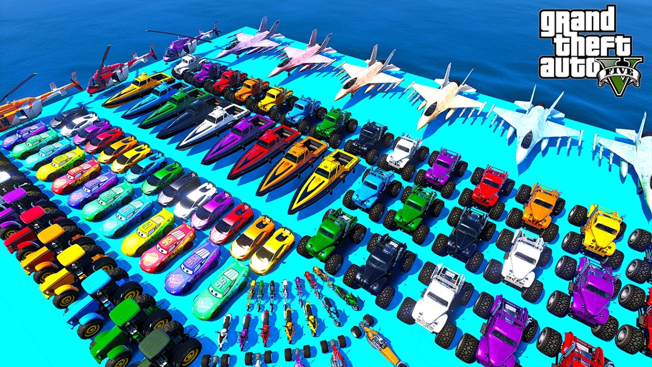 GTA V Mega Ramp On Bikes, Fighter Jets and Boats By Spider and Friends Stunt Map Racing Challenge