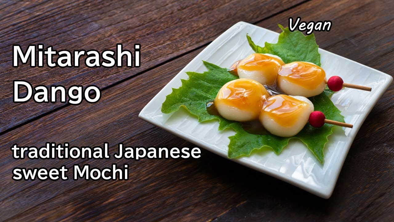 Japanese traditional sweet Mochi recipe, Mitarashi Dango, vegan sweets rice damplings