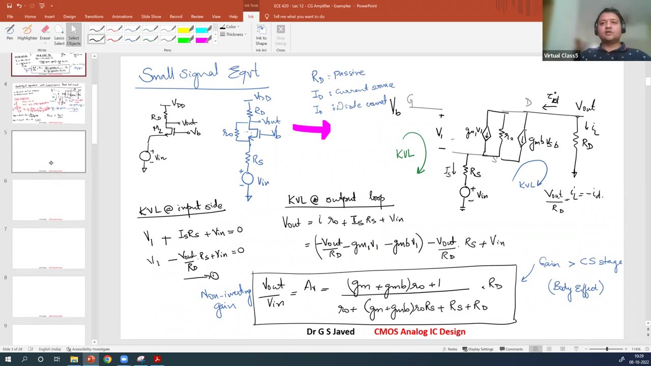 ECE420 - Common Gate (CG) Amplifier - Small Signal Analysis - 4 examples