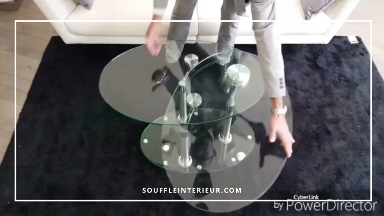 Table basse 2 plateaux pivotant en verre transparent ovale, Daniela