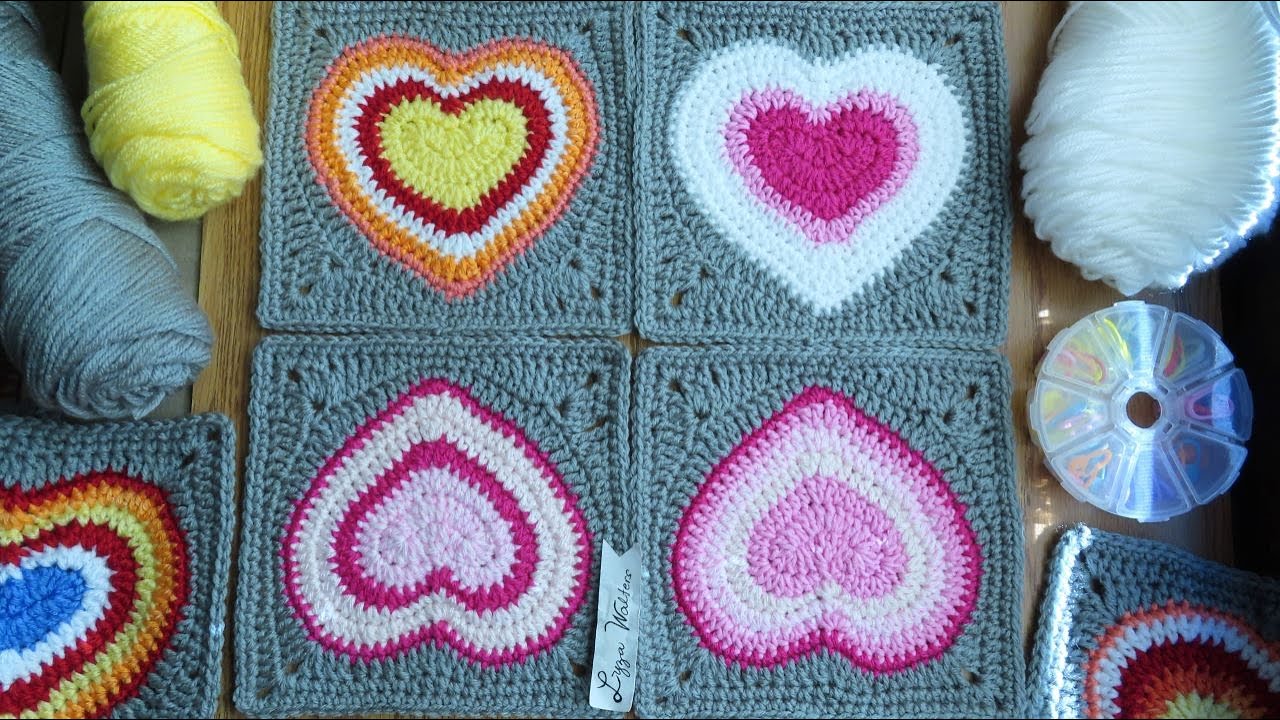 Crochet Big Heart Applique Into Square