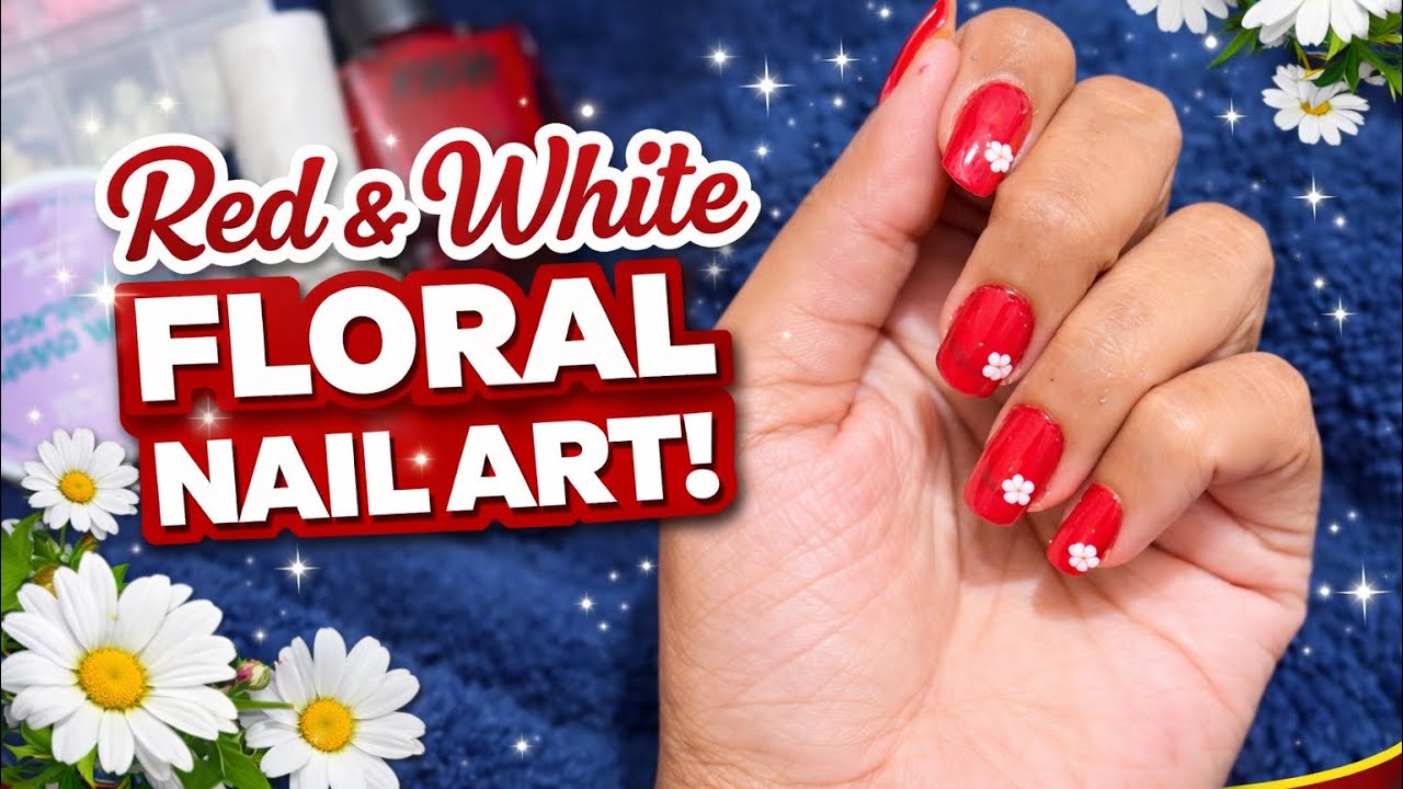 Nail art 1. -  Red and white floral nail art design 