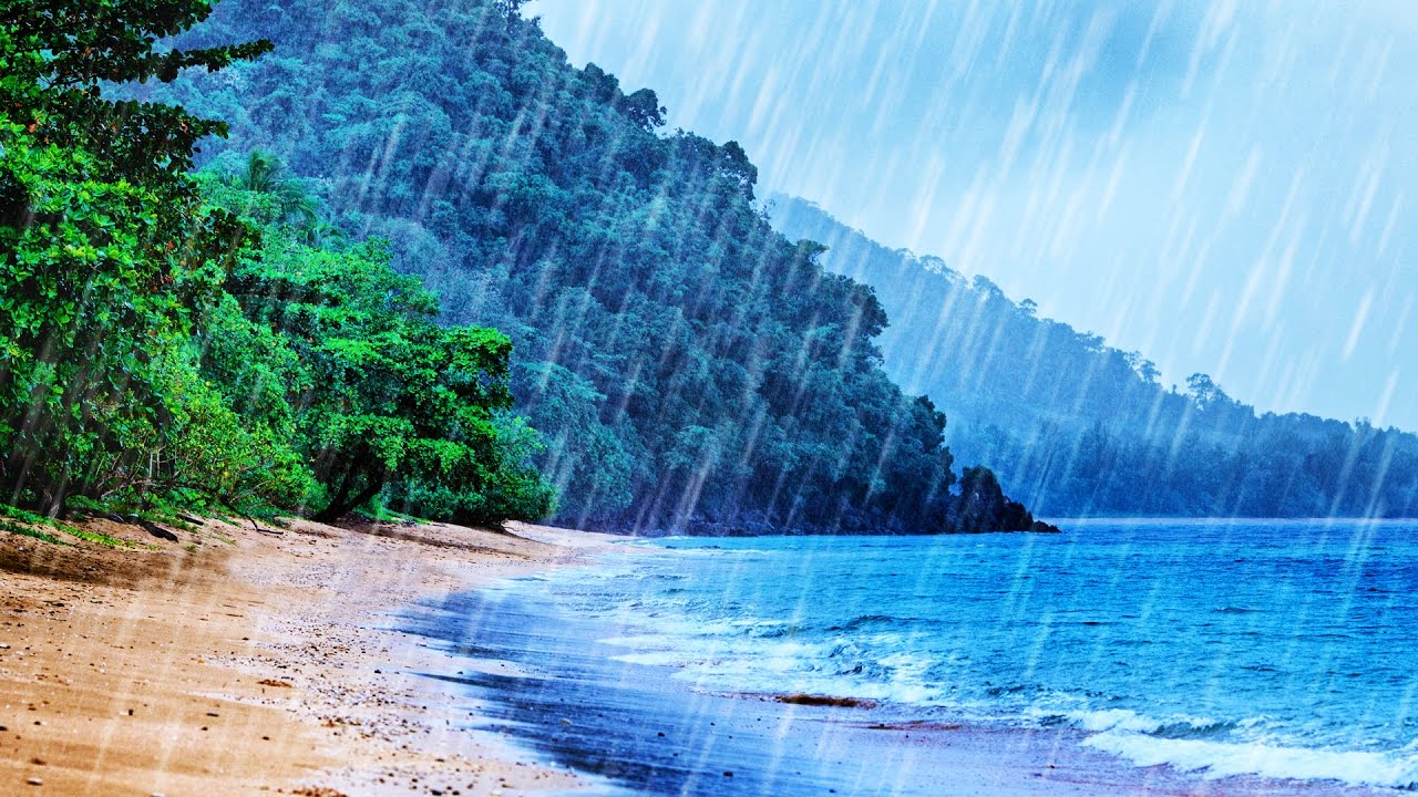 Rain on Beach White Noise | Tropical Rainstorm & Ocean Waves Sounds for Sleep, Studying, Relaxation