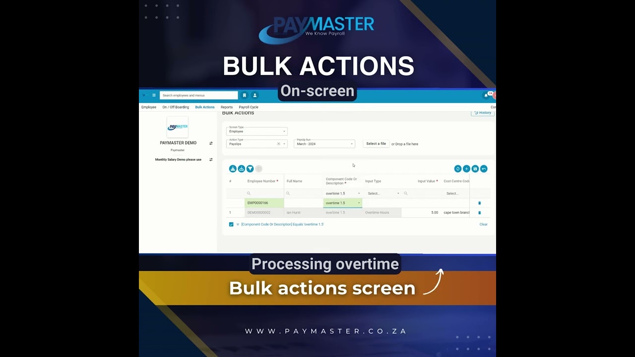 Bulk actions Paymaster: Payroll changes on screen