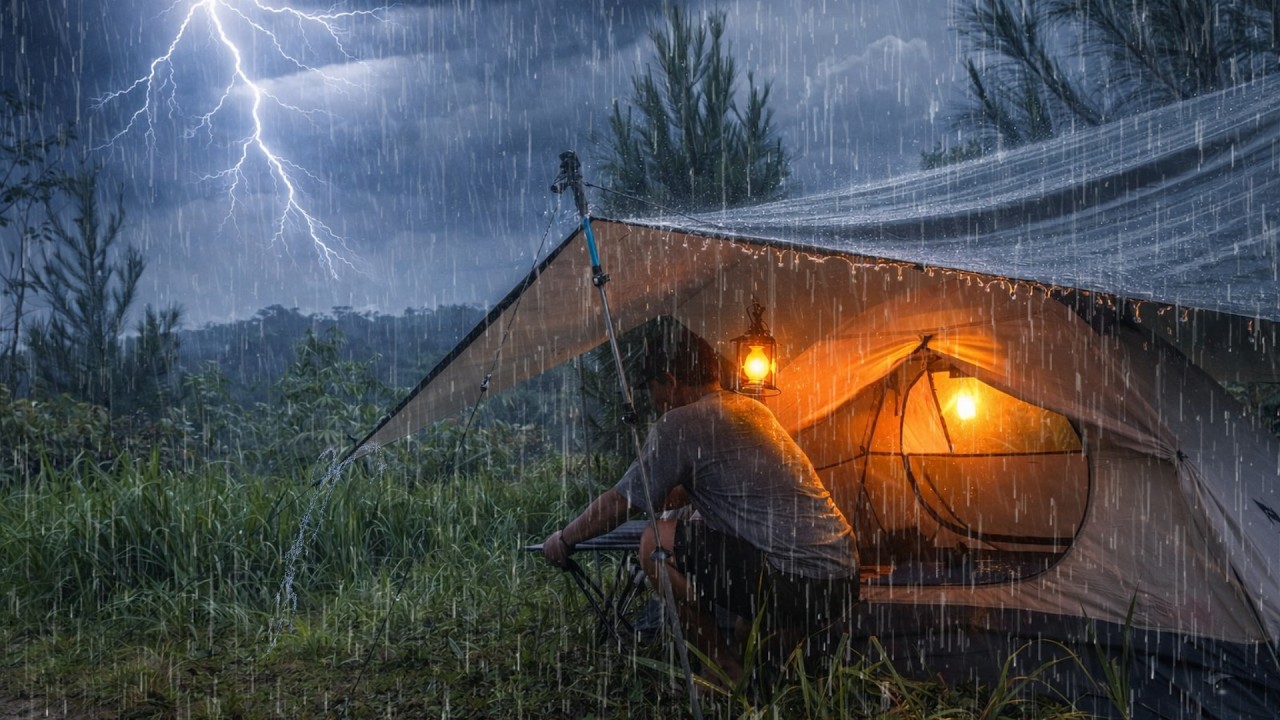 ⚡ SURVIVING A VIOLENT THUNDERSTORM — Solo Camping in the Wild Forest ⛈️