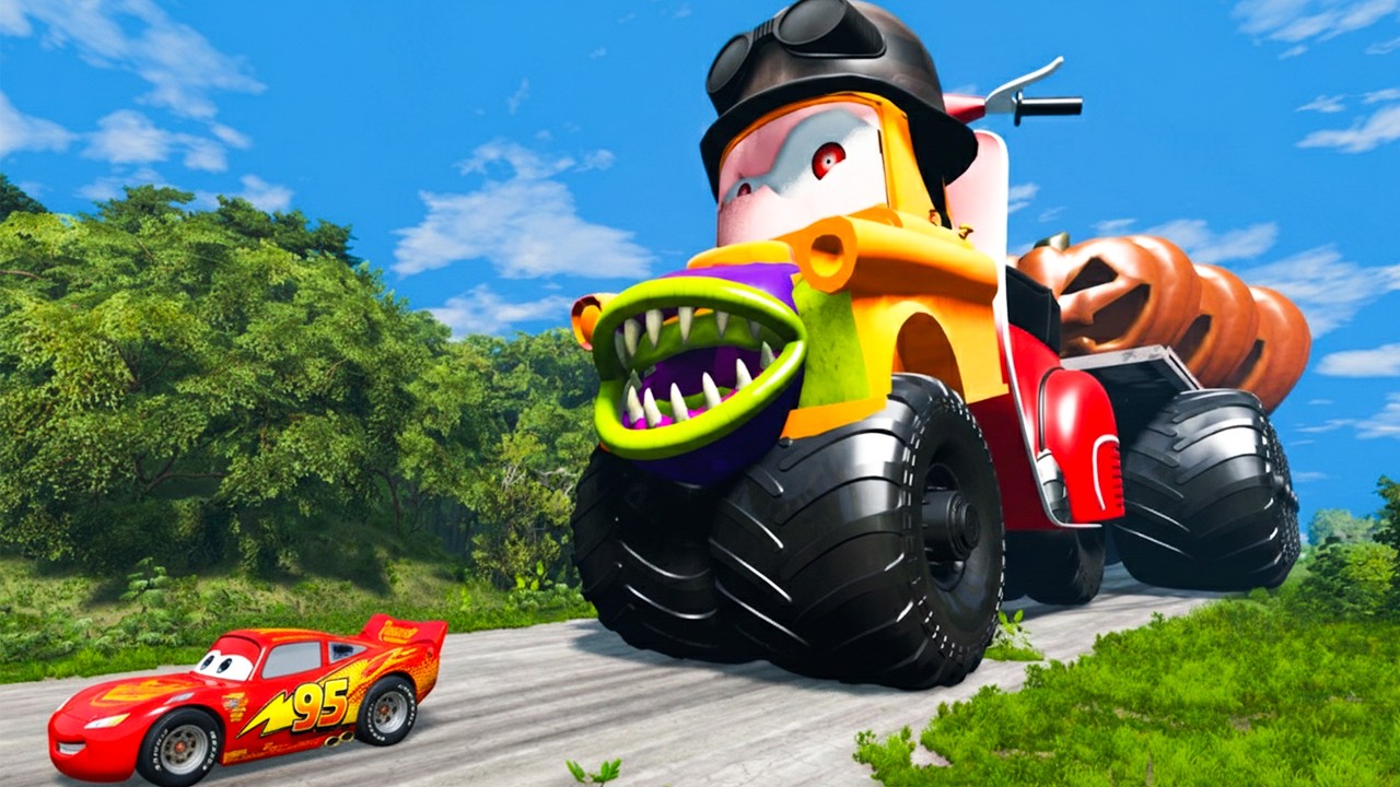 Giant MONSTER MACK TRUCK Eater VS Cars Lightning McQueen Escape From Monster Beamng Drive