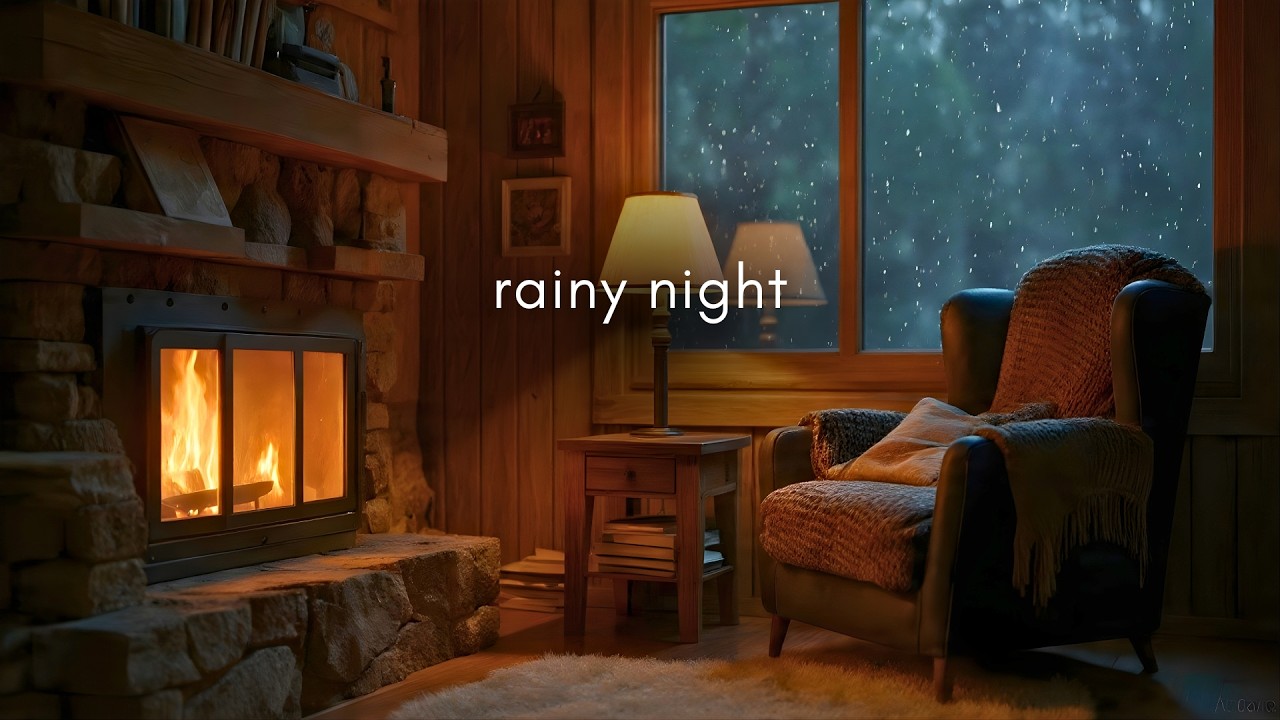 Rainy Winter Night in a Cozy Room with Fireplace & Soft Piano