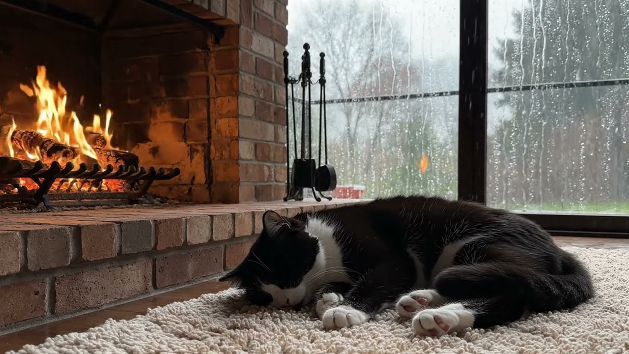 4K Tuxedo Cat Sleeping by Fireplace | Rain Sounds & Cozy Background Ambience for Sleep