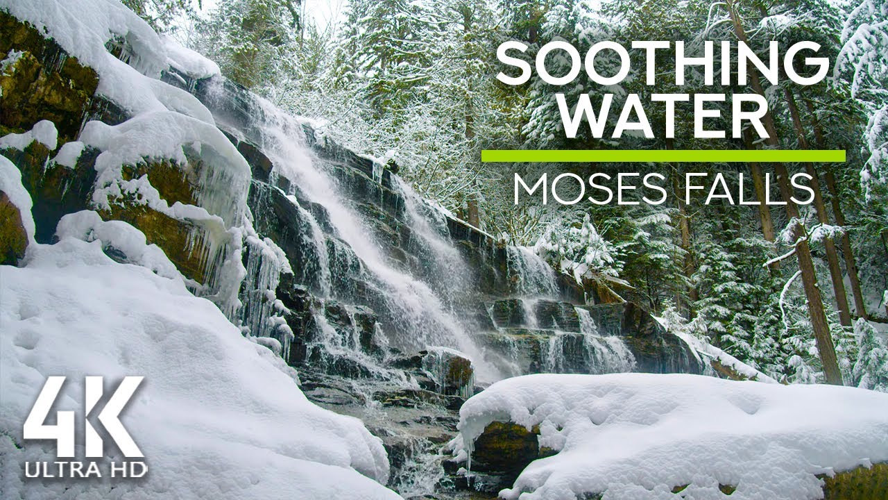 8 HRS Waterfall Sounds for Deep Sleep or Focus - 4K Canadian Waterfalls in Winter - Moses Falls