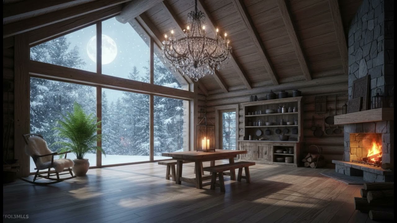 Quiet Cabin Under Moonlight – Warm Lantern Glow, Winter Silence & Deep Sleep Calm