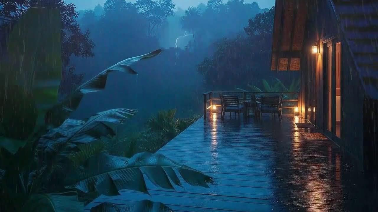 Sleep Now with Warm Rain and Low Thunder Murmur at Wooden Cabin Terrace 🌧️