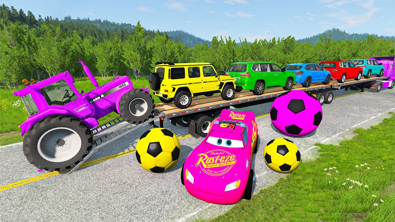 Flatbed Trailer McQueen Transportation with Truck - Speedbumps vs Cars vs Train - BeamNG.Drive