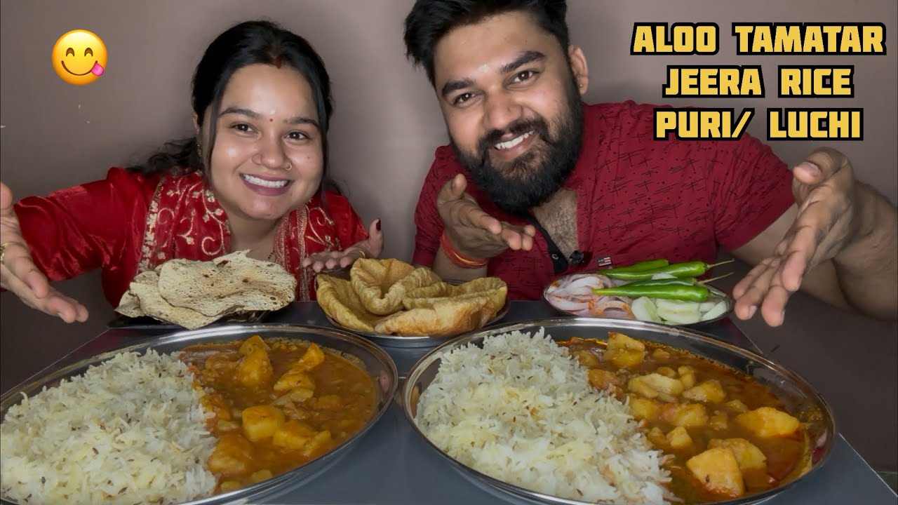 Spicy 🥵 Aloo Tamatar, Jeera rice ,Puri / Luchi Eating | Eating show