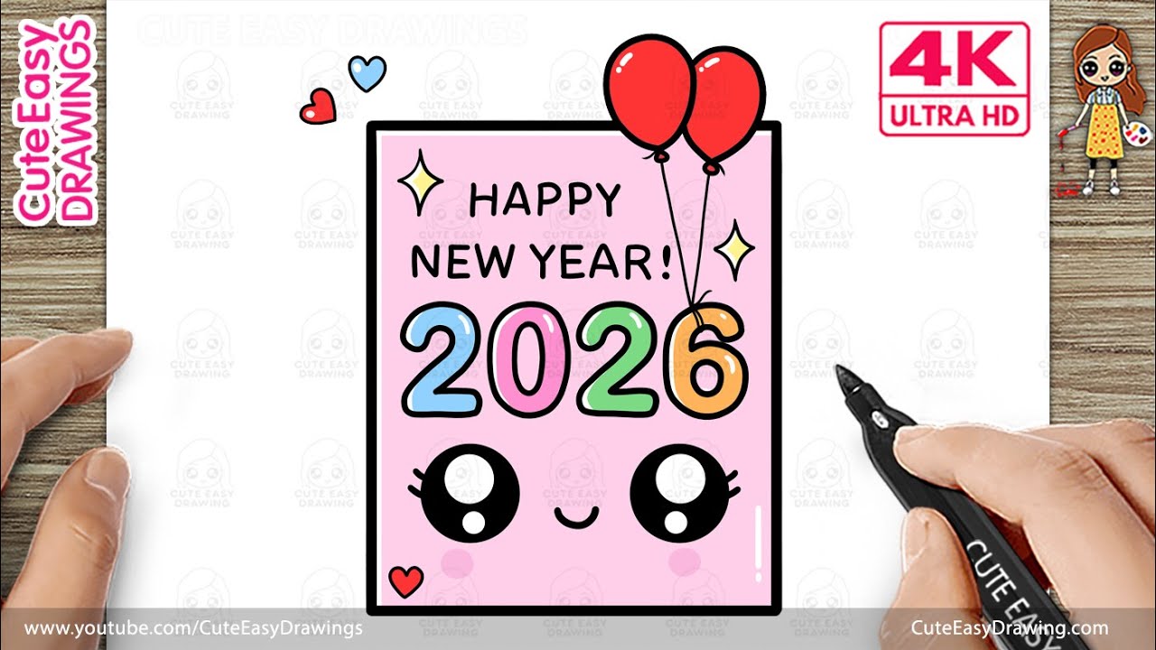 How to Draw a Cute Happy New Year 2026 Card with Balloons| Easy Kawaii Drawing for Kids | 4K