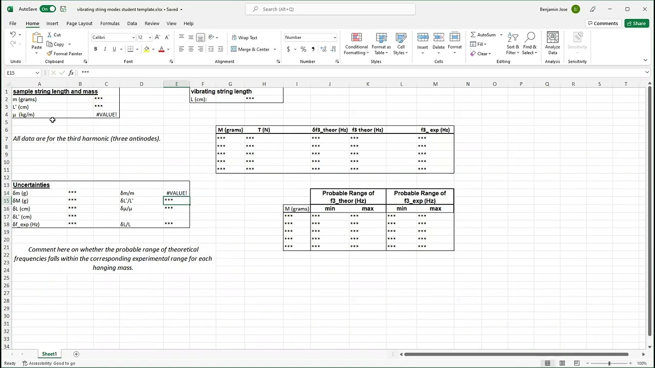 Vibrating String Normal Modes Lab: Calculating propagated error within the spreadsheet