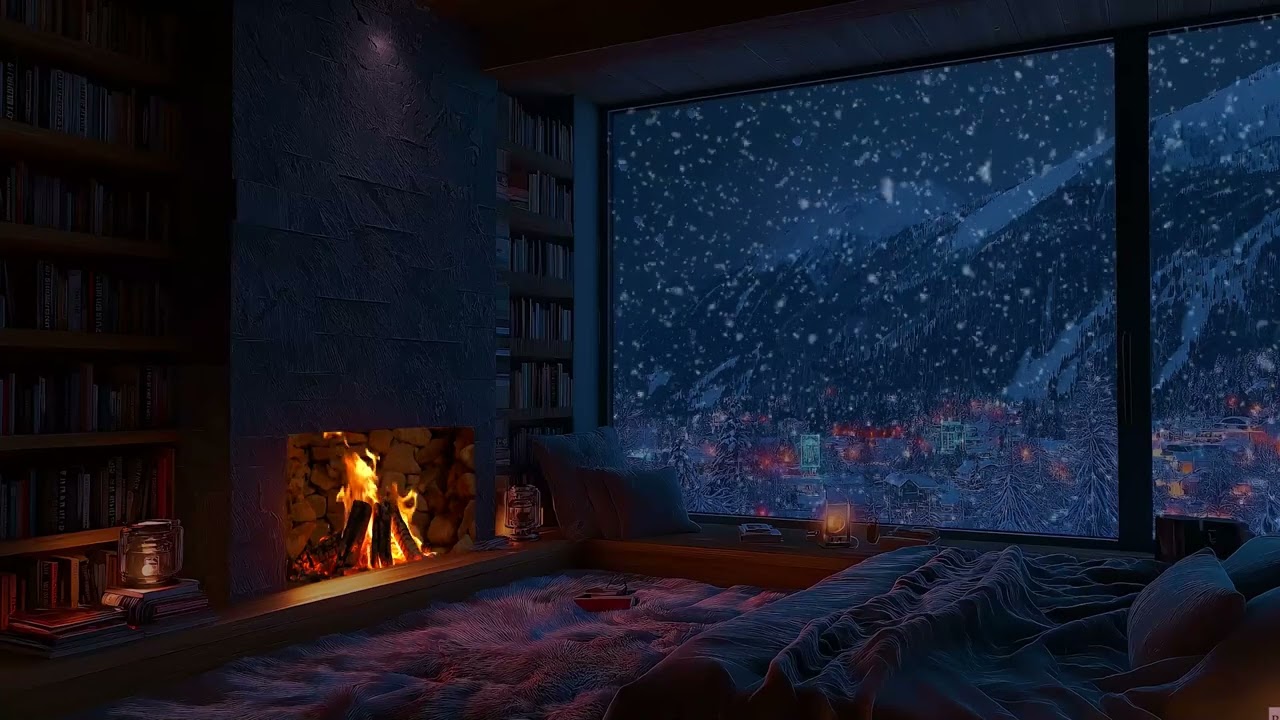 Peaceful Winter Cabin at Night with Gentle Healing Piano Melodies for Deep Relaxation and Sleep