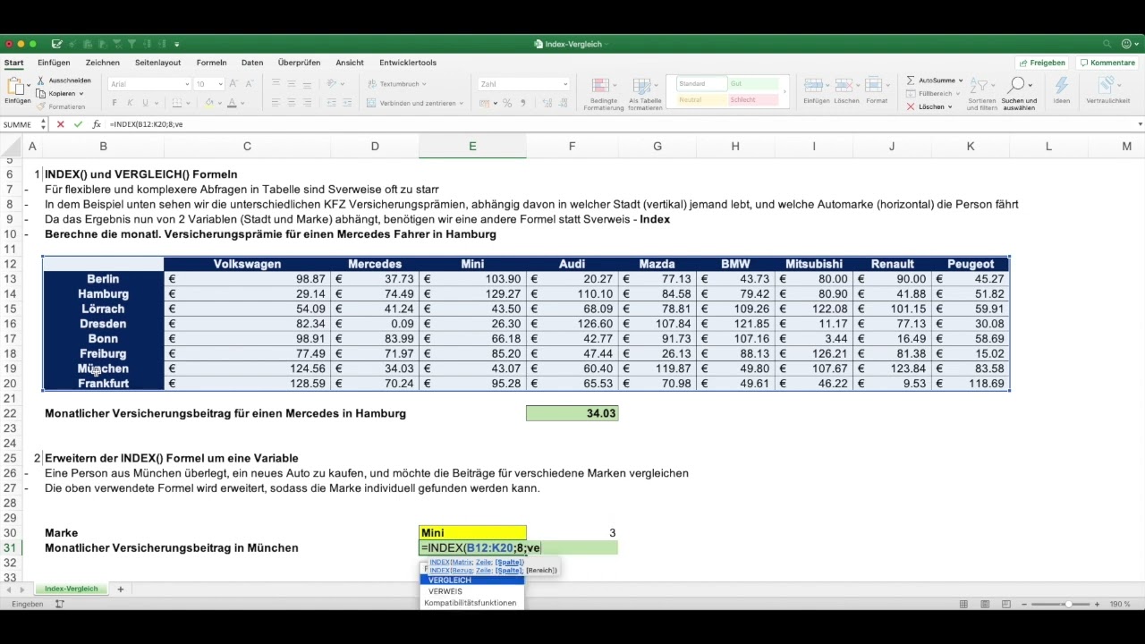 Microsoft Excel Index-Vergleich Funktion