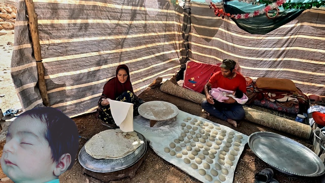 Documentary of nomadic life, cooking bread by nomadic husband and wife.