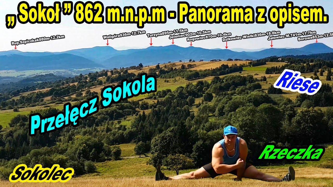Góry Sowie-Przełęcz Sokola-Sokół 862m.n.p.m Panorama 360 z opisem.