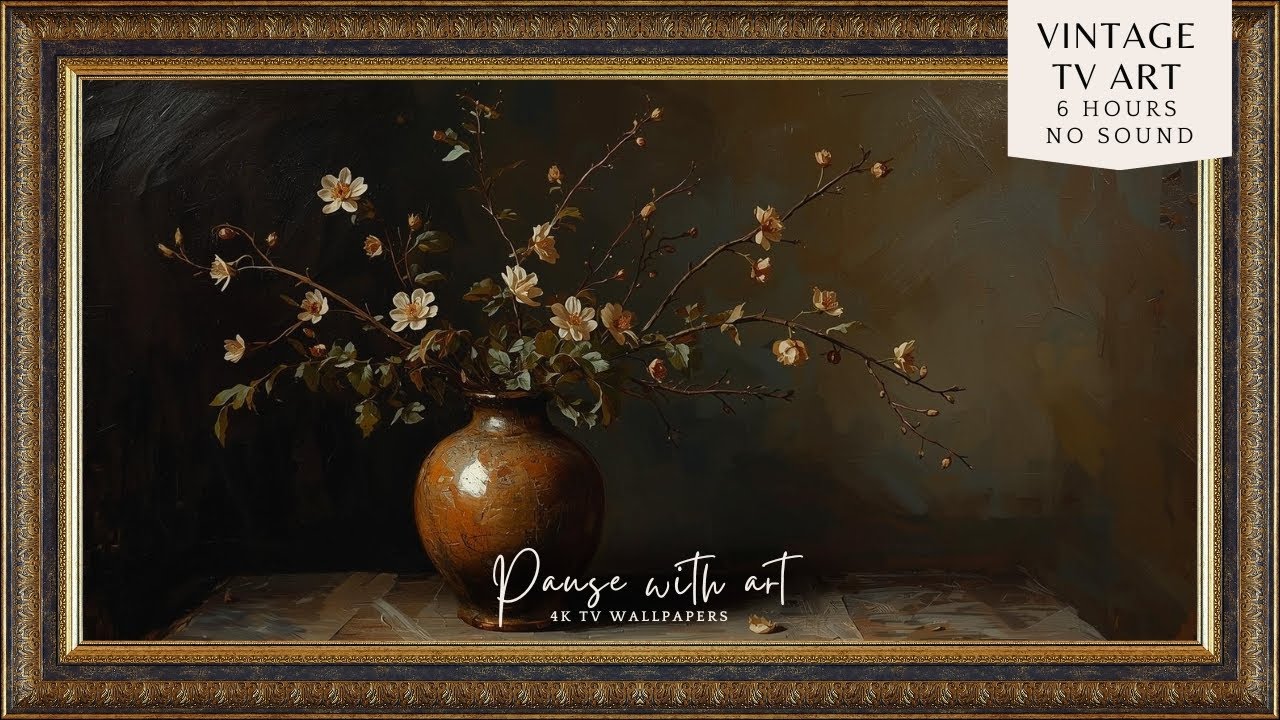 Antique Floral Still Life TV Art | Elegant White Blossoms in Vase | 4K TV Wallpaper