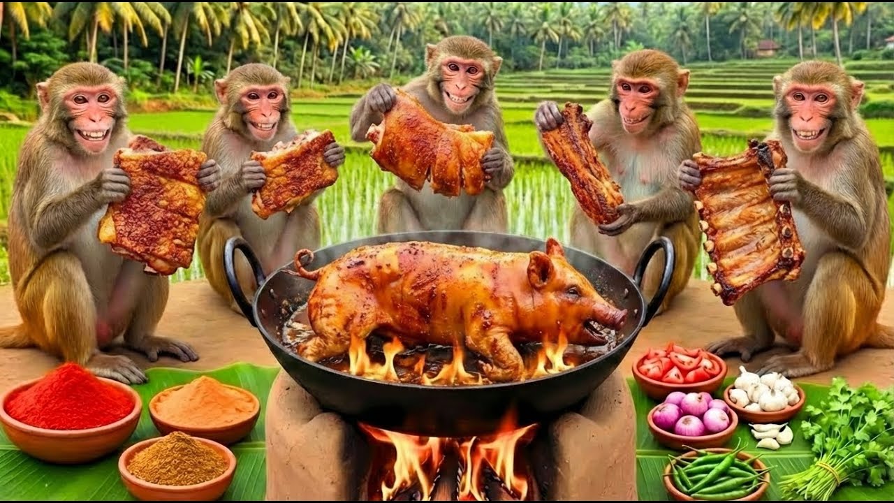Eight monkeys roast suckling pig in the middle of the forest