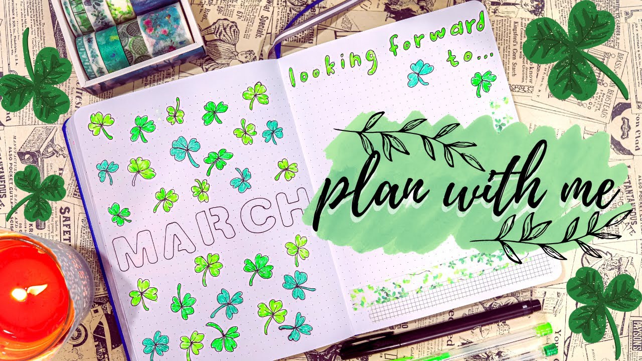 PLAN WITH ME MARCH 2021 🍀🍀🍀: green clover theme bullet journal setup