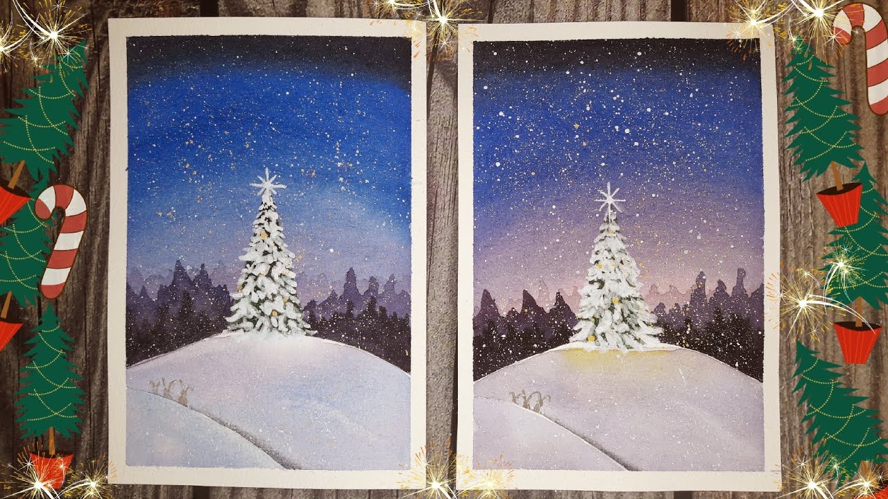 НОВОГОДНЯЯ СНЕЖНАЯ ЁЛКА🌲🍭Пошаговое описание🌟Акварель для начинающих🍬