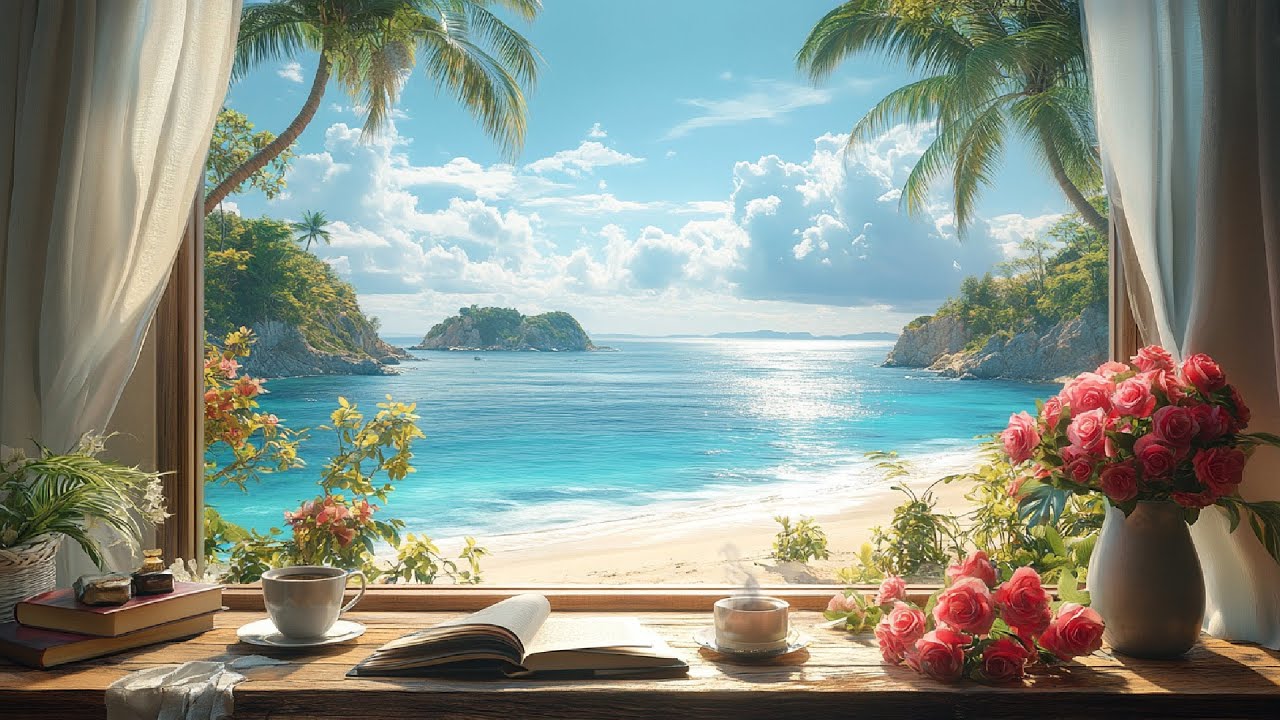 🌸 Coastal Spring Window View | Gentle Ocean Waves & Morning Birds