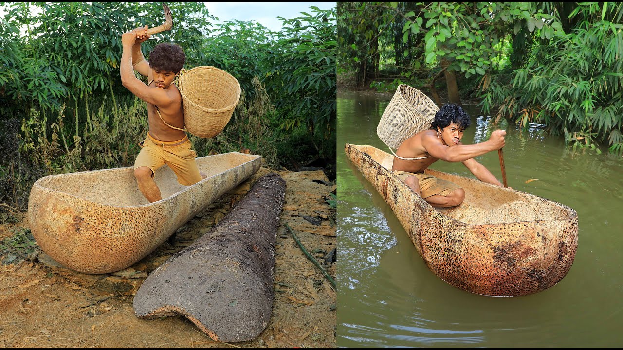 Build a boat from palm trees , Brown boat