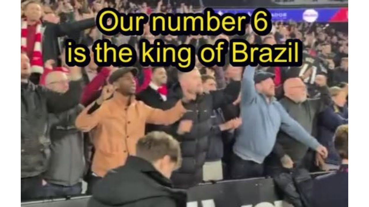 Arsenal fans celebrate beating West Ham 5-2 at the London Stadium. Gabriel is the king of Brazil.
