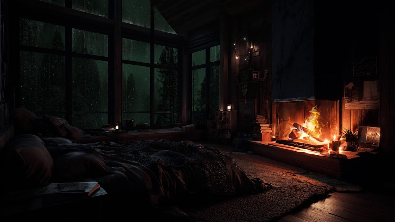 The calm atmosphere of a forest cabin as rain and fireplace sounds fill the night