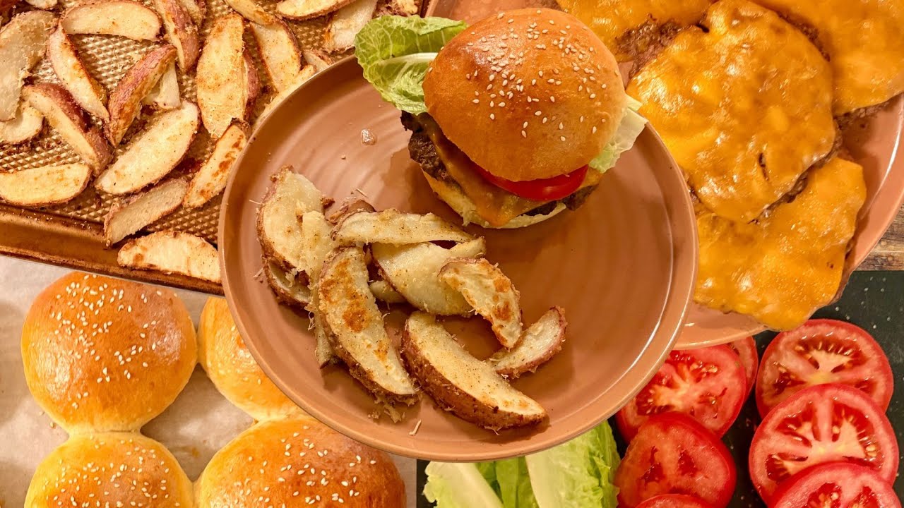 From-Scratch Cheeseburger on Homemade Sesame Buns + Parmesan Garlic Wedges