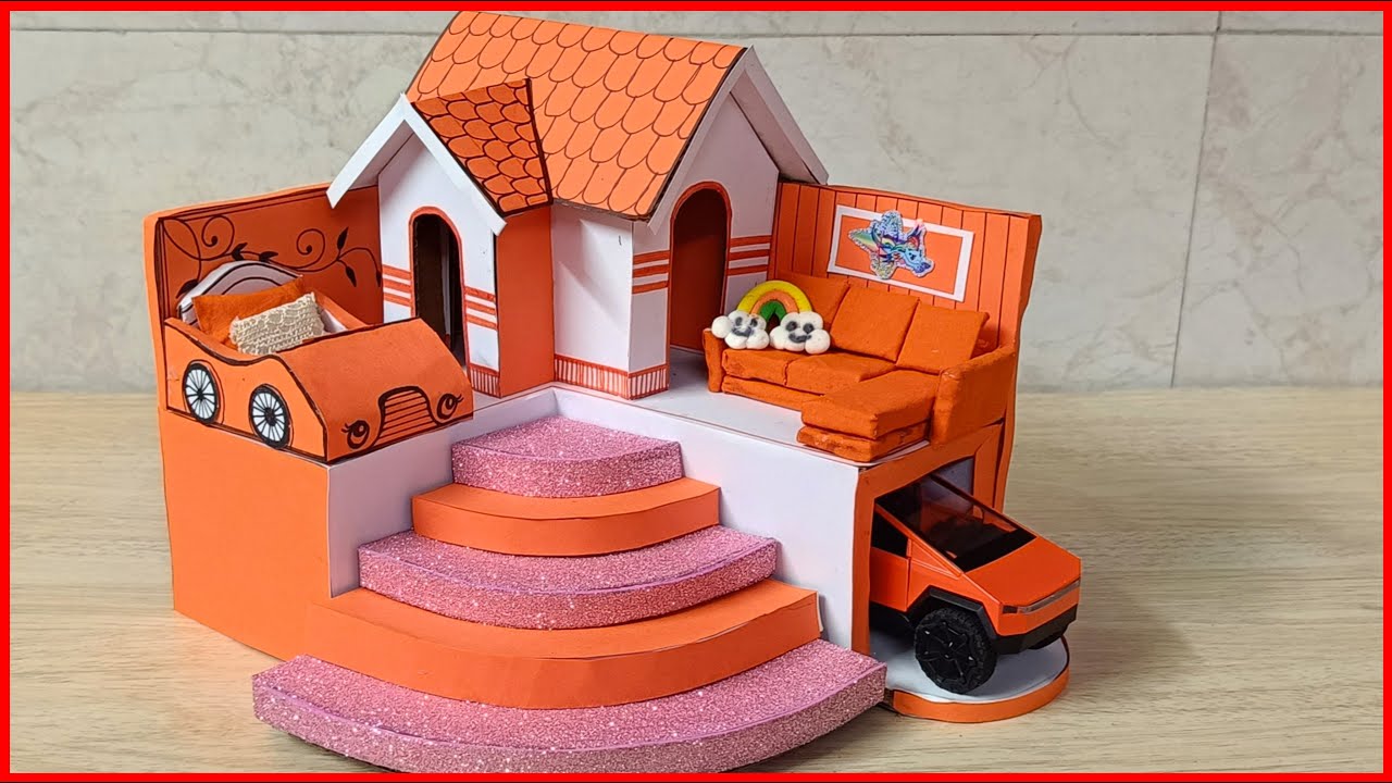 DIY Miniature Orange and White Carboard House for your | Doll | Mini House | Bed | Sofa | Stairs