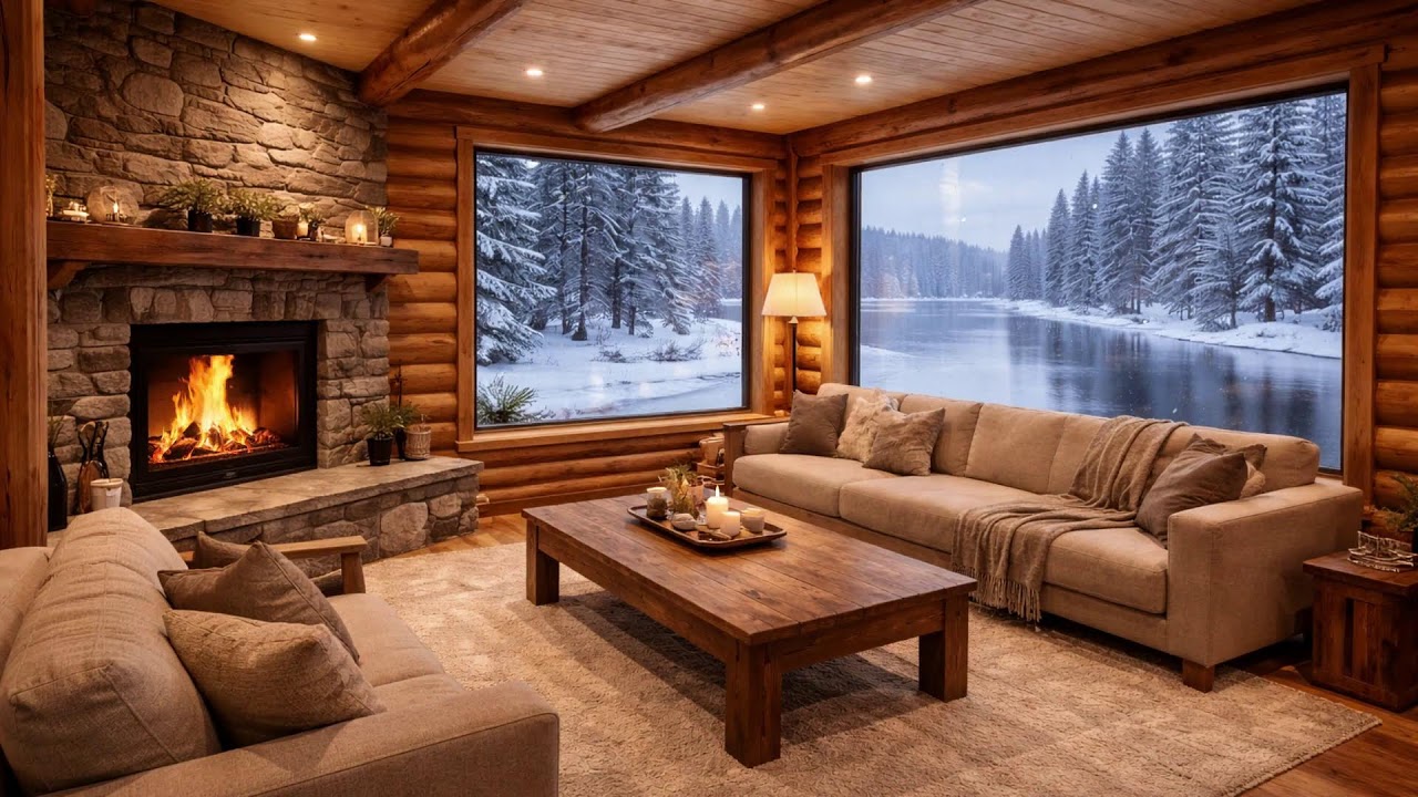 Winter Town at Dusk  Fireplace Glow and Snowfall for Calm Focus