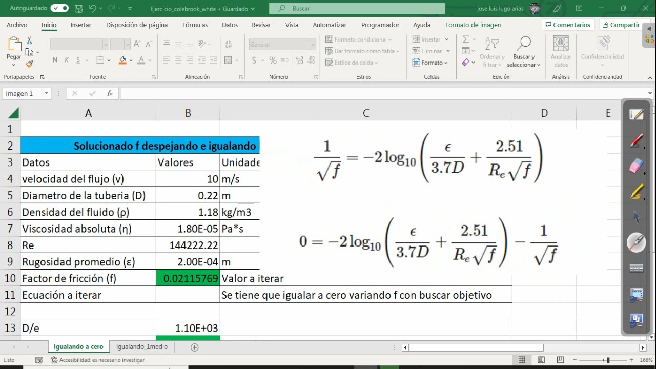 Cálculo en Excel del factor de fricción usando Colebrook-White