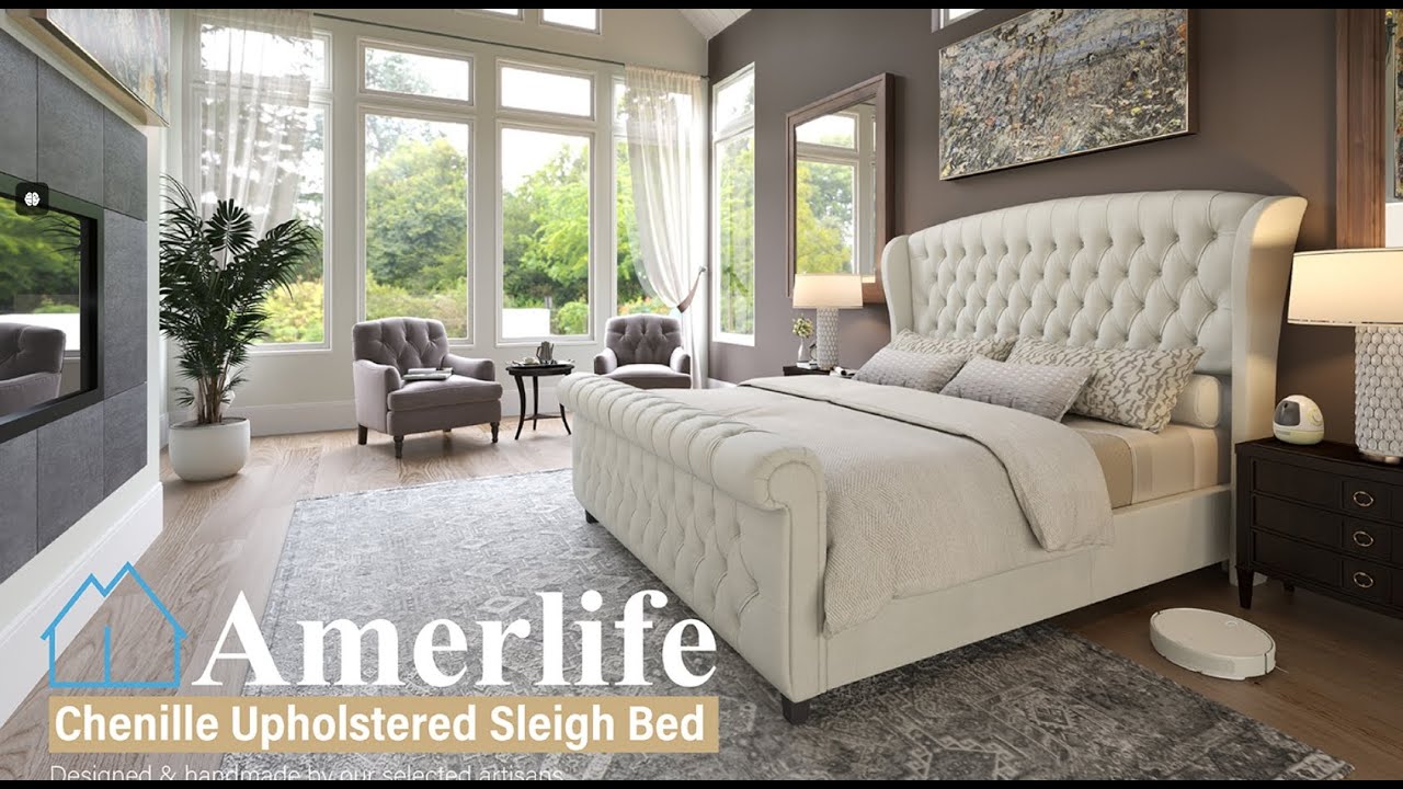 AMERLIFE Queen Size Platform Bed Frame, Chenille Upholstered Sleigh Bed with Scroll Wing