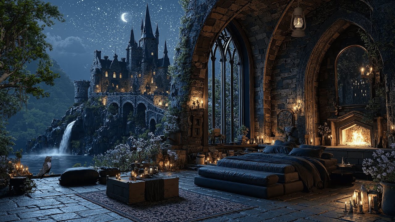 Enchanted Castle Bedroom by the Waterfall | Relaxing Night Ambience with Crackling Fire & Crickets
