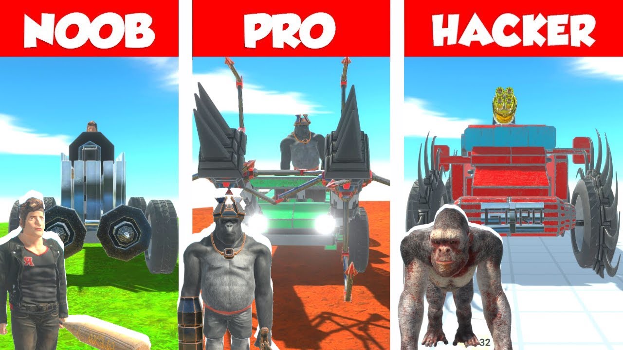 NOOB VS PRO VS HACKER - CAR BUILD CHALLENGE IN ANIMAL REVOLT BATTLE SIMULATOR