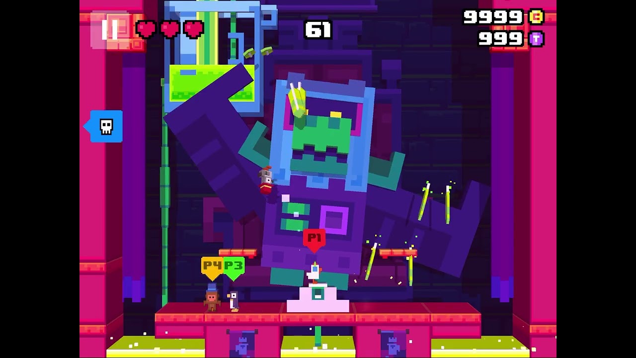 Four GoofBalls playing Crossy Road Castle and beating the boss three times