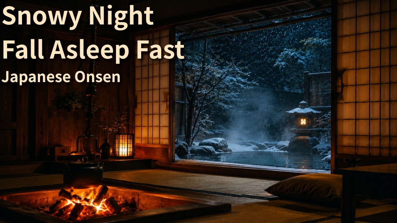Snowy Night at a Japanese Onsen Ryokan  3 Hours of Fireplace & Snow Ambience for Deep Sleep