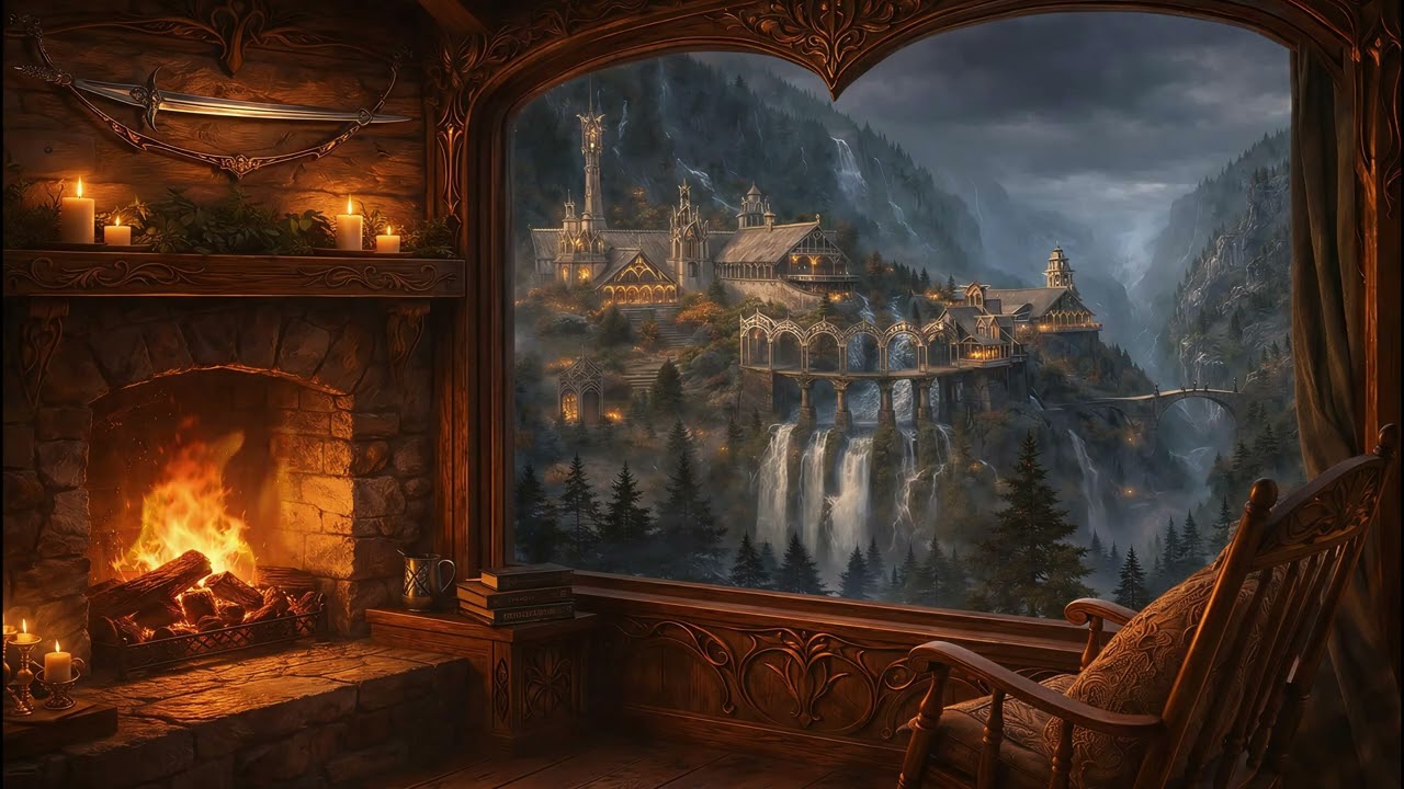 Elven Cabin Ambience | Lord of the Rings – Rivendell Inspired | Cozy Fireplace 4K