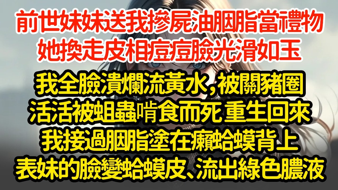 前世妹妹送我摻屍油胭脂當禮物，她換走皮相痘痘臉光滑如玉，我全臉潰爛流黃水，被關豬圈活活被蛆蟲啃食而死 重生回來我接過胭脂塗在癩蛤蟆背上表妹的臉變蛤蟆皮、流出綠色膿液