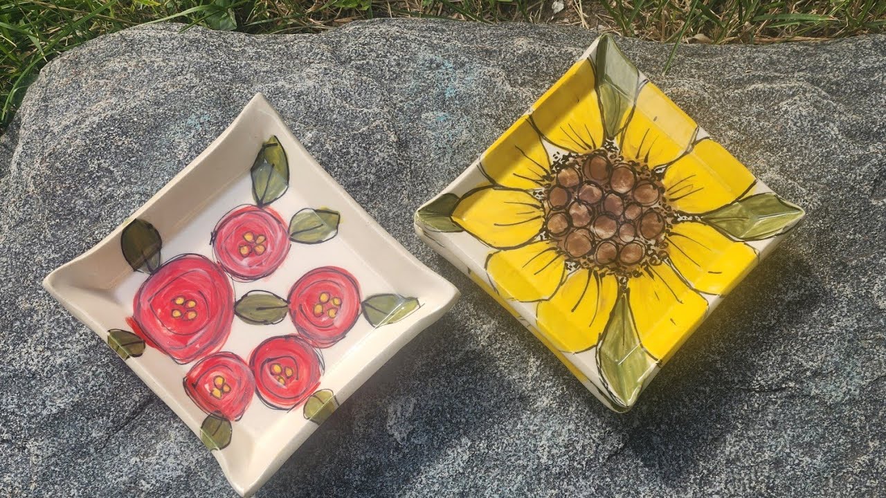 Painting Sunflowers and Peonies with Amaco Velvet Underglazes on Small Plates