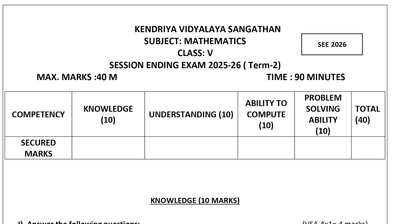 Class-5 Maths / Annual Exam 2026 Question Paper Session Ending PM SHRI KV Term2 SEE 2025-26 