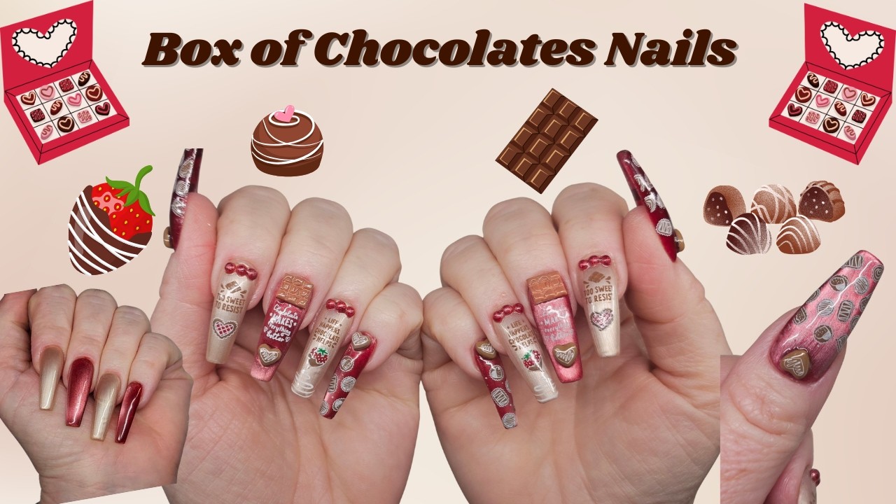 Box of Chocolates Nails 🍫🍓 | Gel-X Nails | Nail Stamping | Coffin Nails