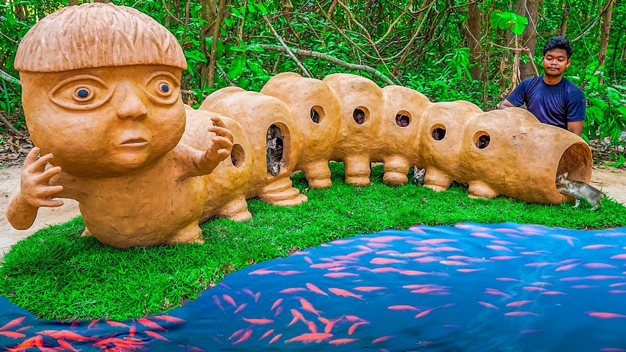 Rescue Cats Build Mud House And Fish Pond to Raising Redfish