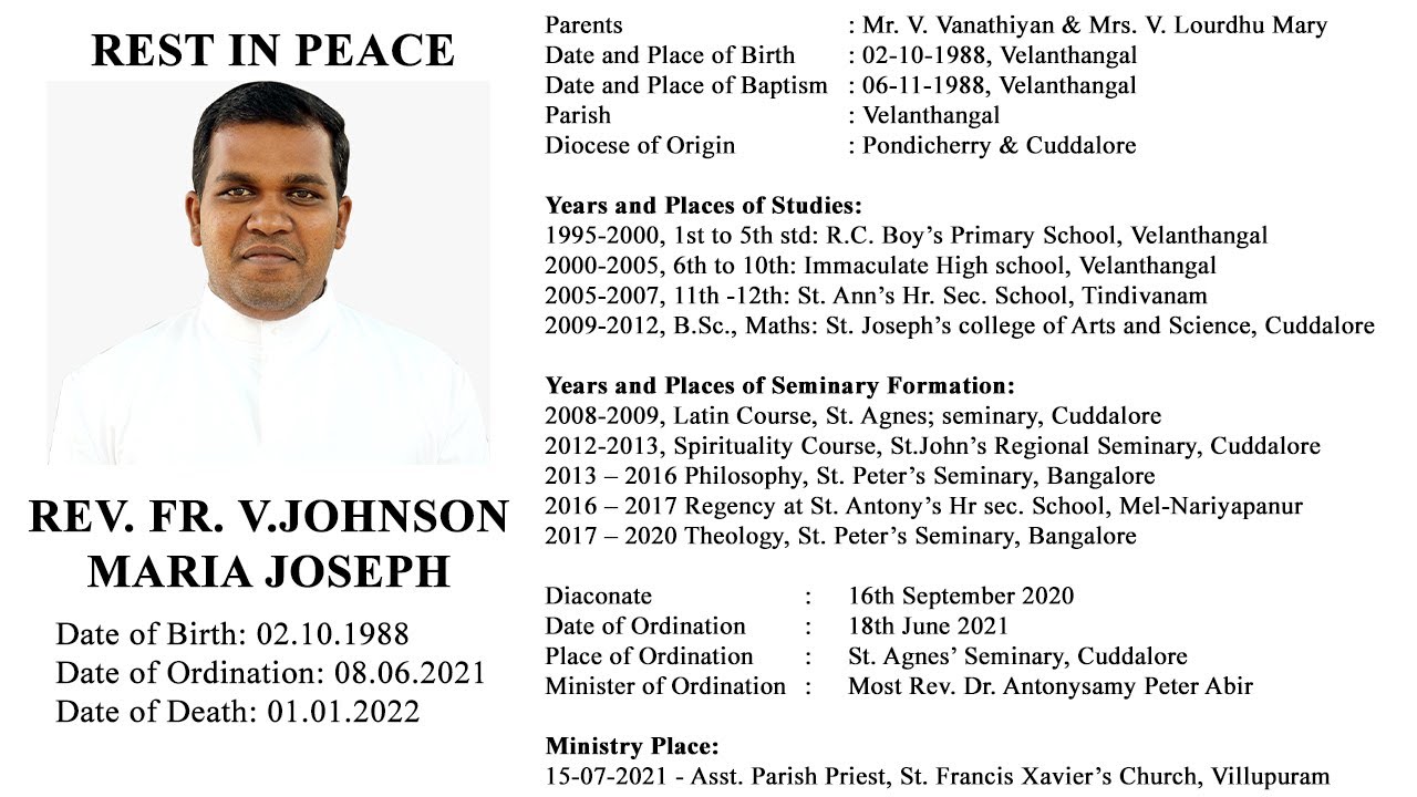 REV.FR.V.JOHNSON MARIA JOSEPH (33) Funeral Mass Live @Immaculate Conception Cathedral, Puducherry.